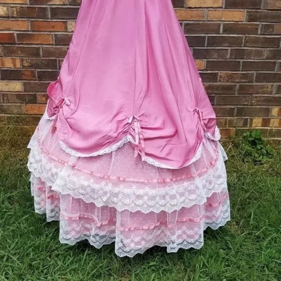 Dance Allure Rare Vintage 1980s Pink Lace Cold Shoulder Antebellum Hoop Dress M - Picture 8 of 12